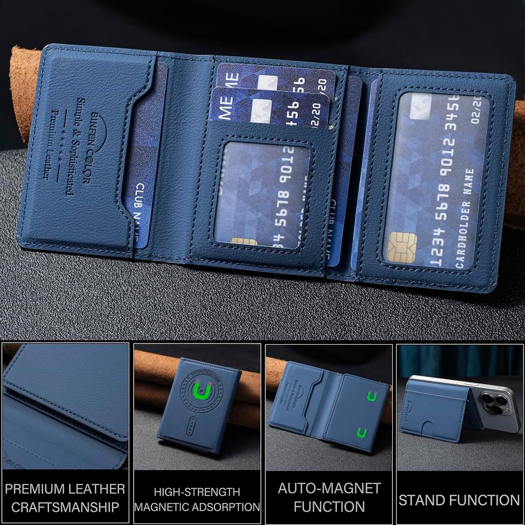 iTape Leather Magnetic Phone Wallet Compatible with Various Phone Models Android and iOS, Solid Color Magnetic Card Holder Ultra-thin Trifold Wallet Card Holder Flip Stand Red
