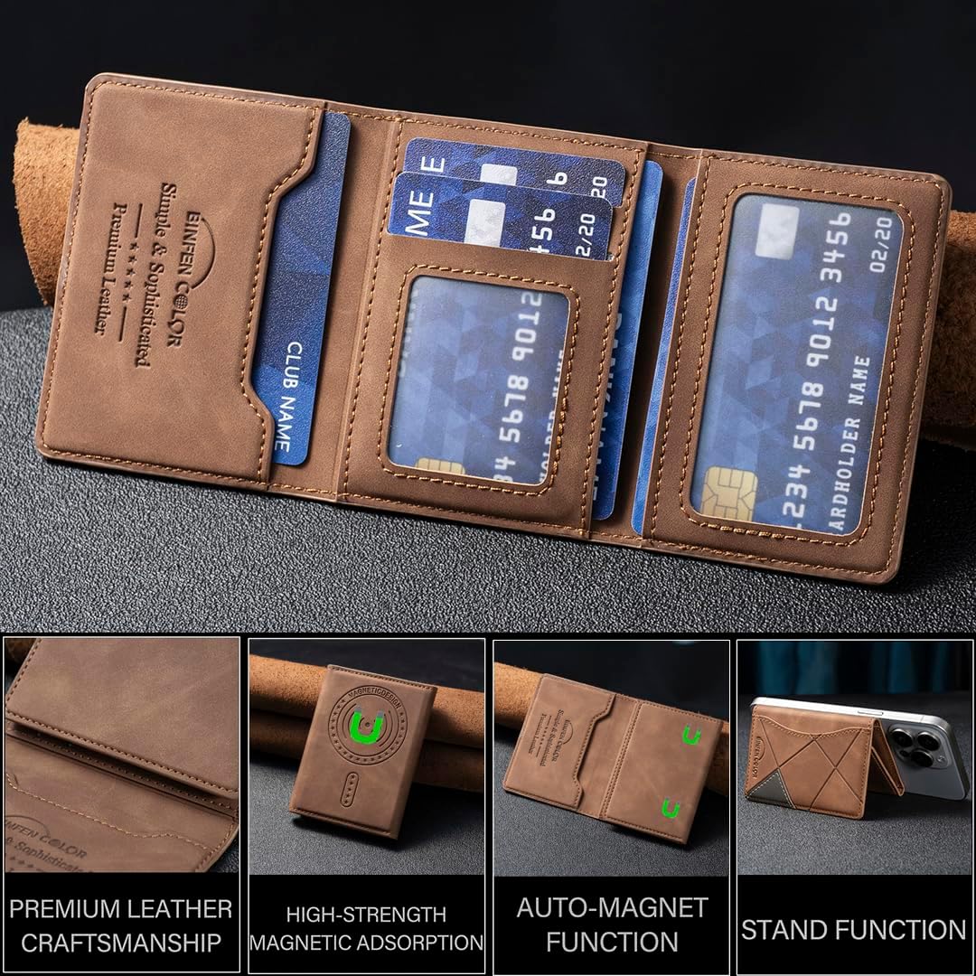 iTape Leather Magnetic Phone Wallet Compatible with Various Phone Models Android and iOS, Ultra-thin Trifold Wallet Card Holder Flip Stand Purple