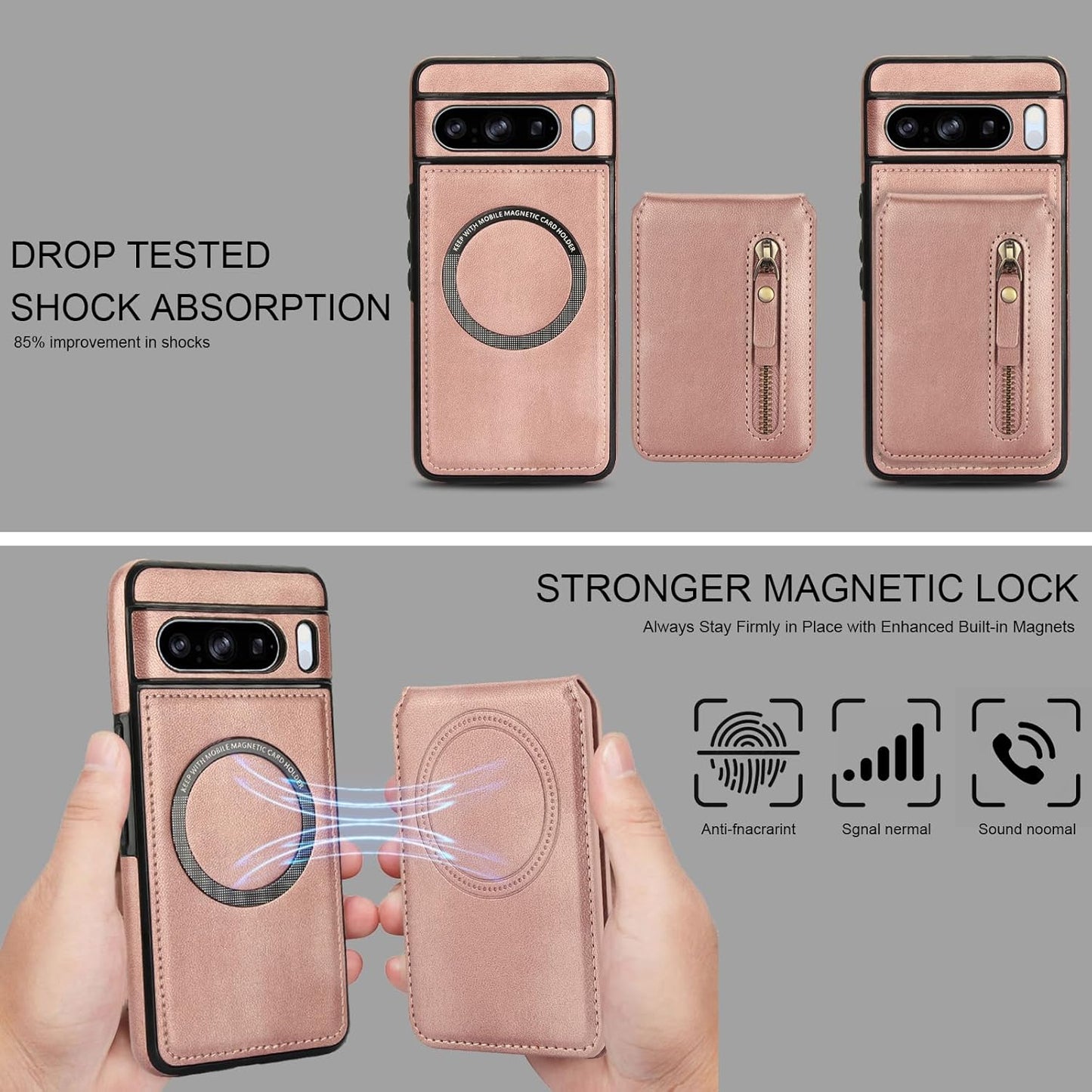 iTape Magnetic card holder phone case suitable for Google Pixel 8 Pro, zipper magnetic split magnetic wallet with adjustable bracket Brown