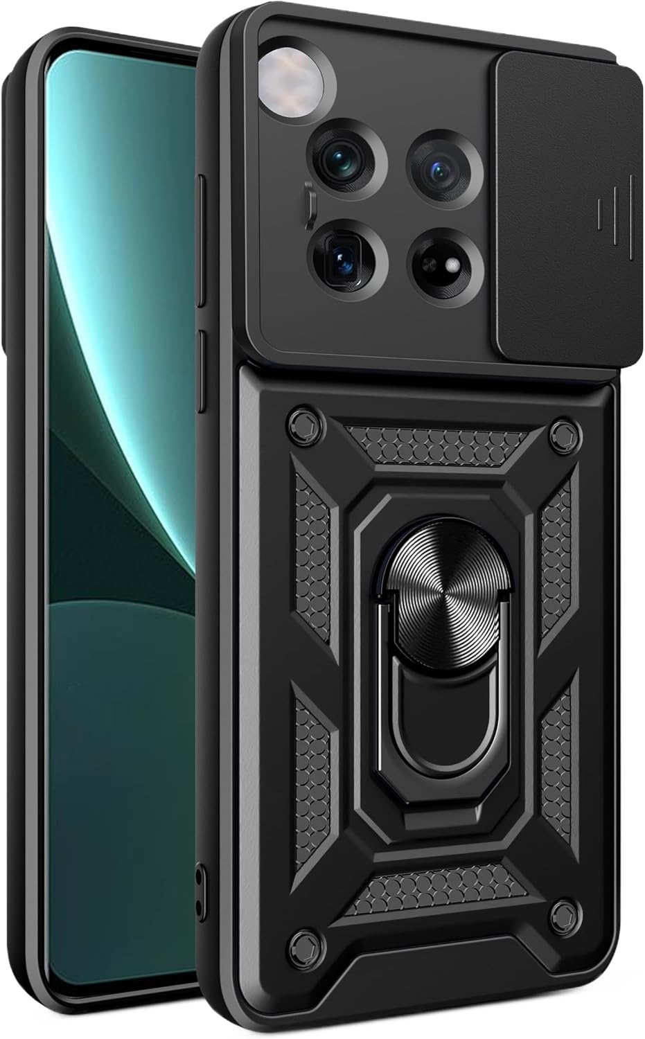 iTape Shockproof phone case for one plus 12 5G, with sliding window back cover, ring buckle holder, magnetic phone case car mount zhij Rose Gold