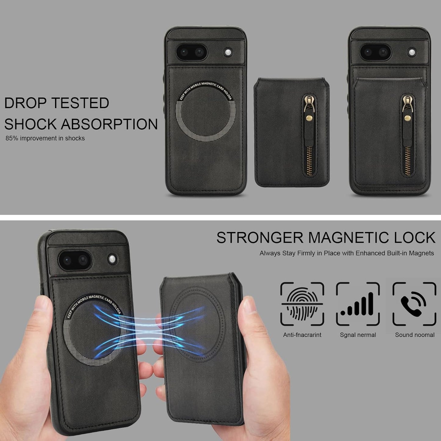 iTape Magnetic card holder phone case suitable for Google Pixel 8A, zipper magnetic split magnetic wallet with adjustable bracket Black