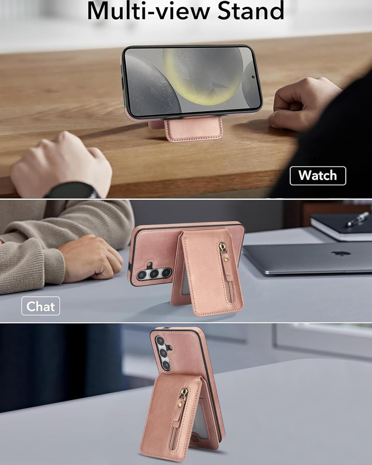 iTape Magnetic card holder phone case suitable for Samsung Galaxy S24FE, zipper magnetic split magnetic wallet with adjustable bracket Pink