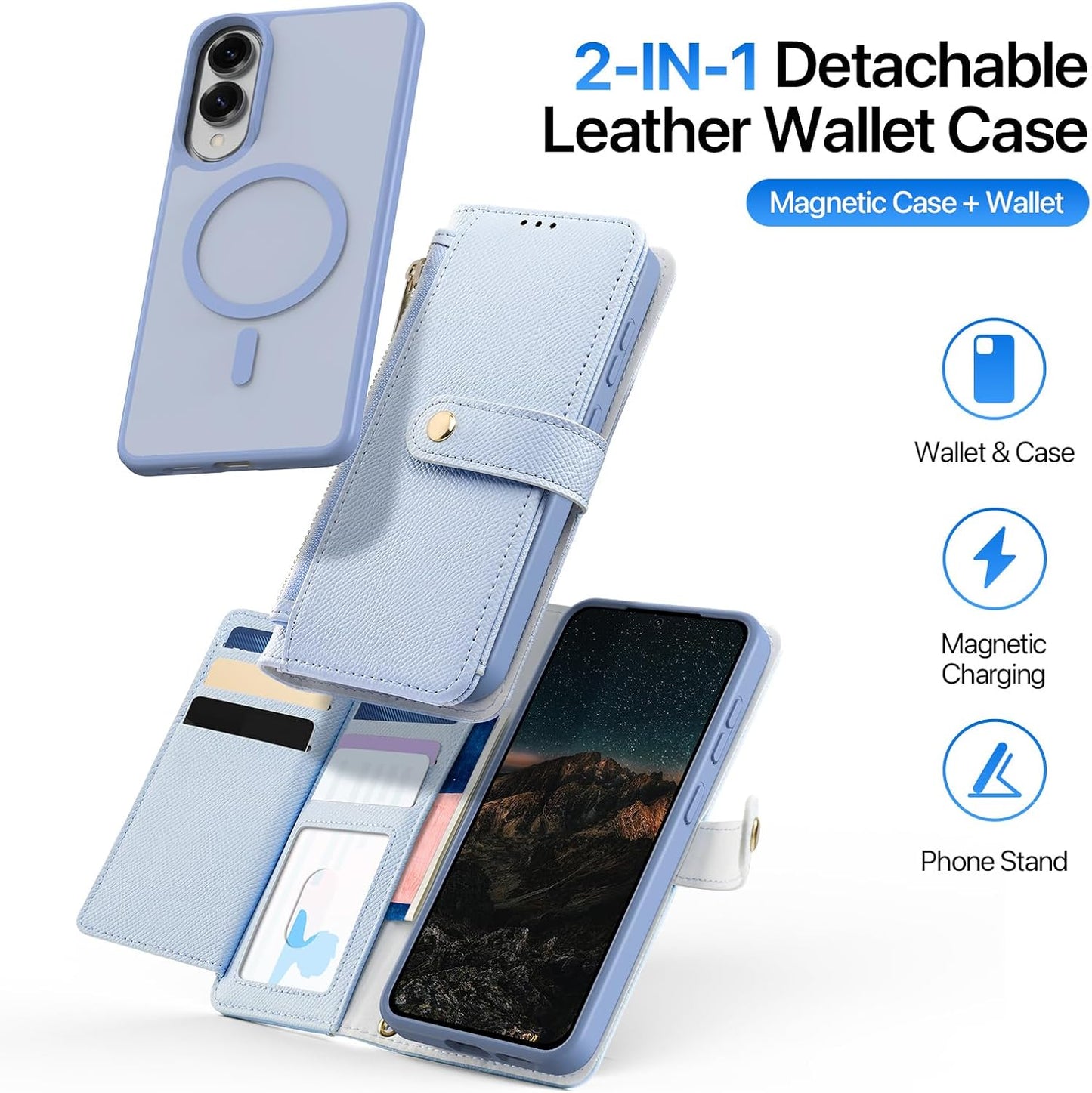iTape Two-in-one magnetic mobile phone case for Samsung Galaxy S25 Edge, wallet-style mobile phone case with silicone shockproof protective shell supports wireless charging Light Blue
