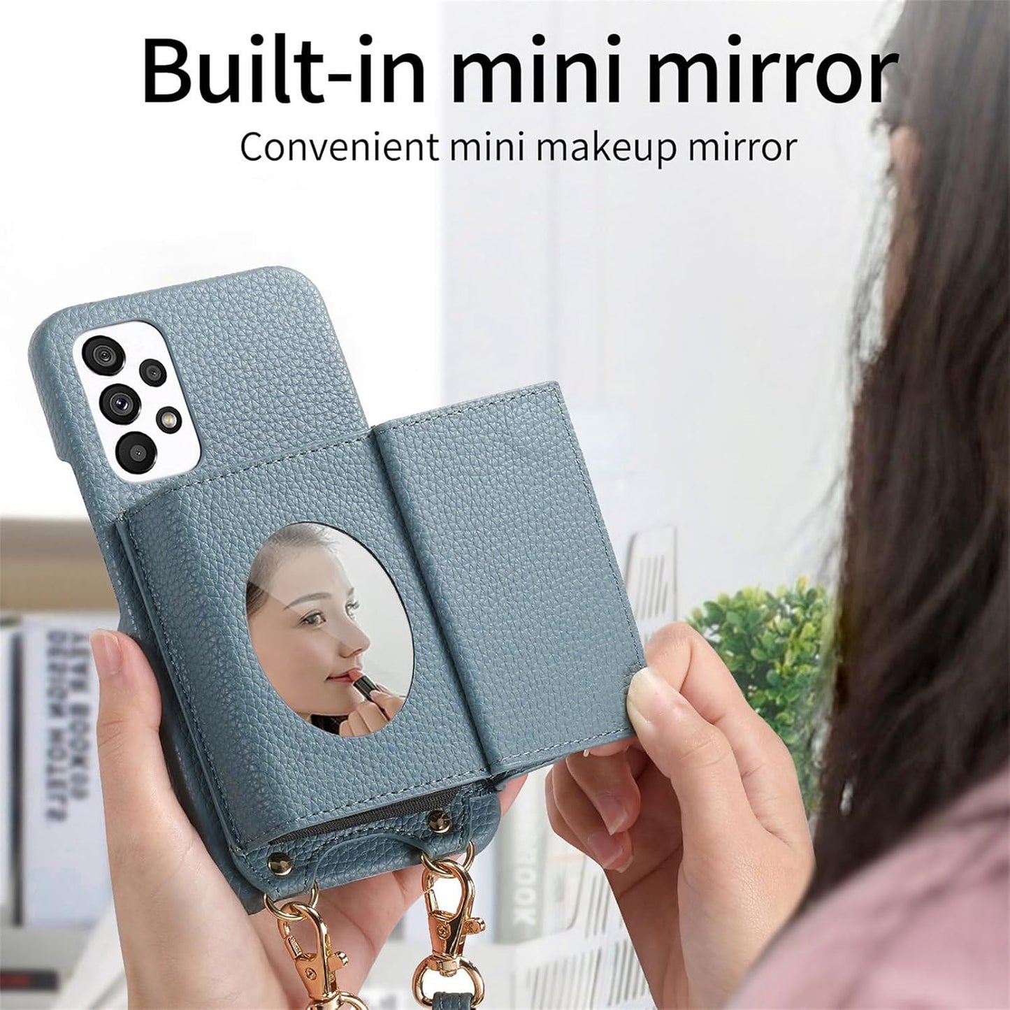 iTape Card Holder Wallet Phone Case for Samsung Galaxy A53 5G, Shockproof Ultra-thin Phone Case, Makeup Mirror with Crossbody Strap Gray