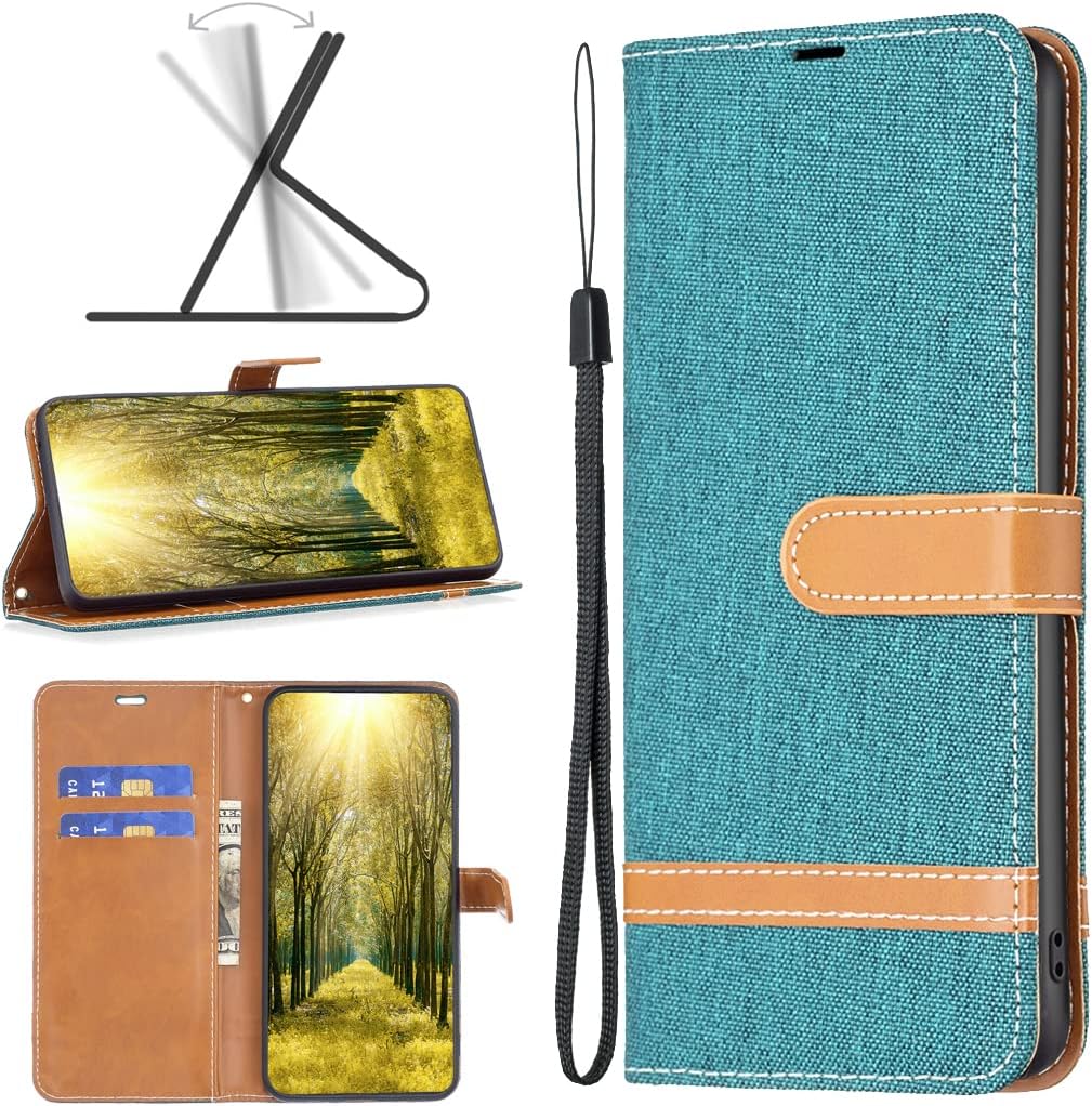 Colorblock Denim Wallet Phone Case for iPhone 16E, Wallet Phone Case Flip Stand, Credit Card Slot Wallet Wrist strap Green