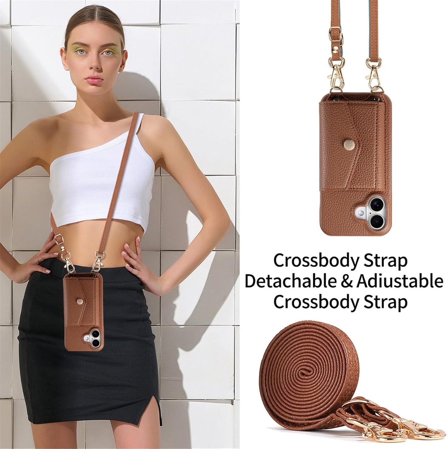 iTape Card Holder Wallet Phone Case for Samsung Galaxy A54 5G, Shockproof Ultra-thin Phone Case, Makeup Mirror with Crossbody Strap Brown