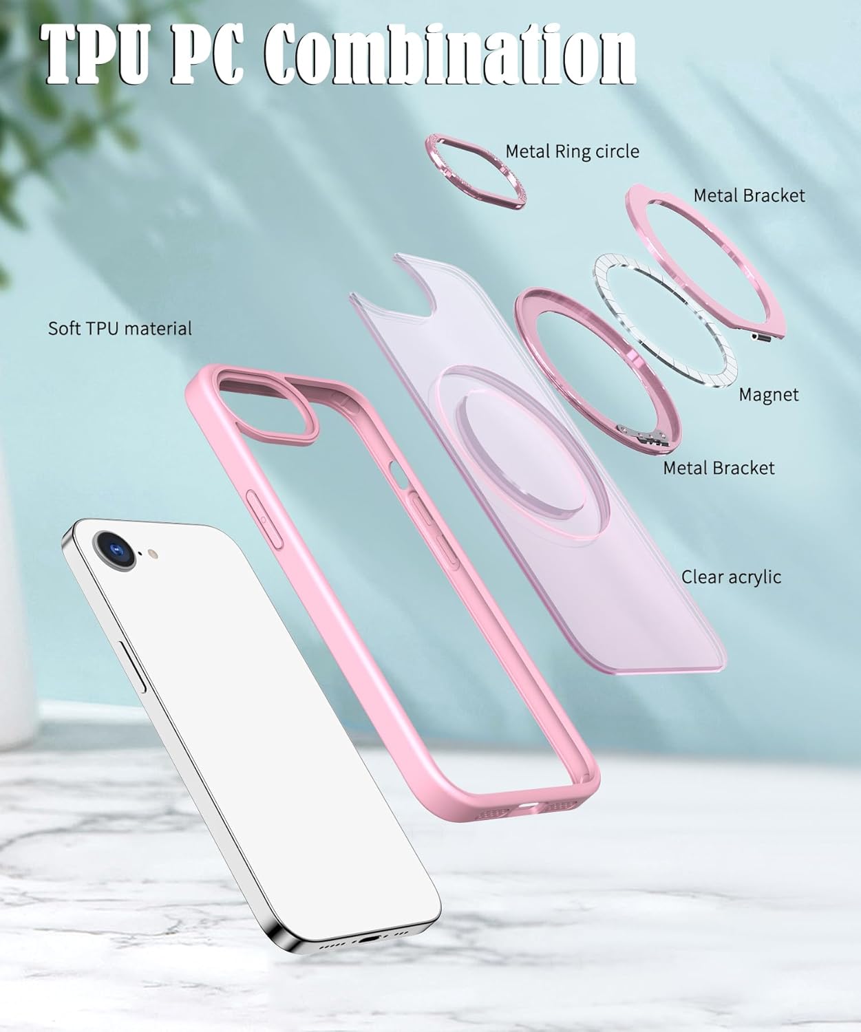 Magnetic phone case for iPhone 16E, 360° rotating bracket supports wireless charging, shockproof ultra-thin shell Gray