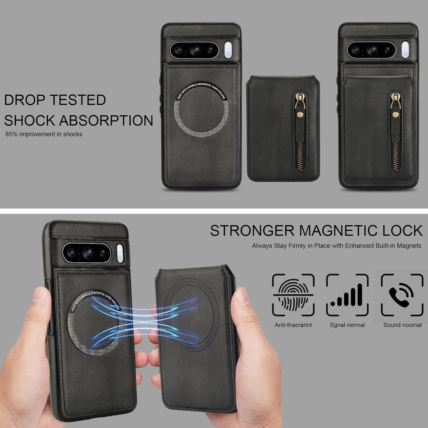 iTape Magnetic card holder phone case suitable for Google Pixel 8 Pro, zipper magnetic split magnetic wallet with adjustable bracket Brown