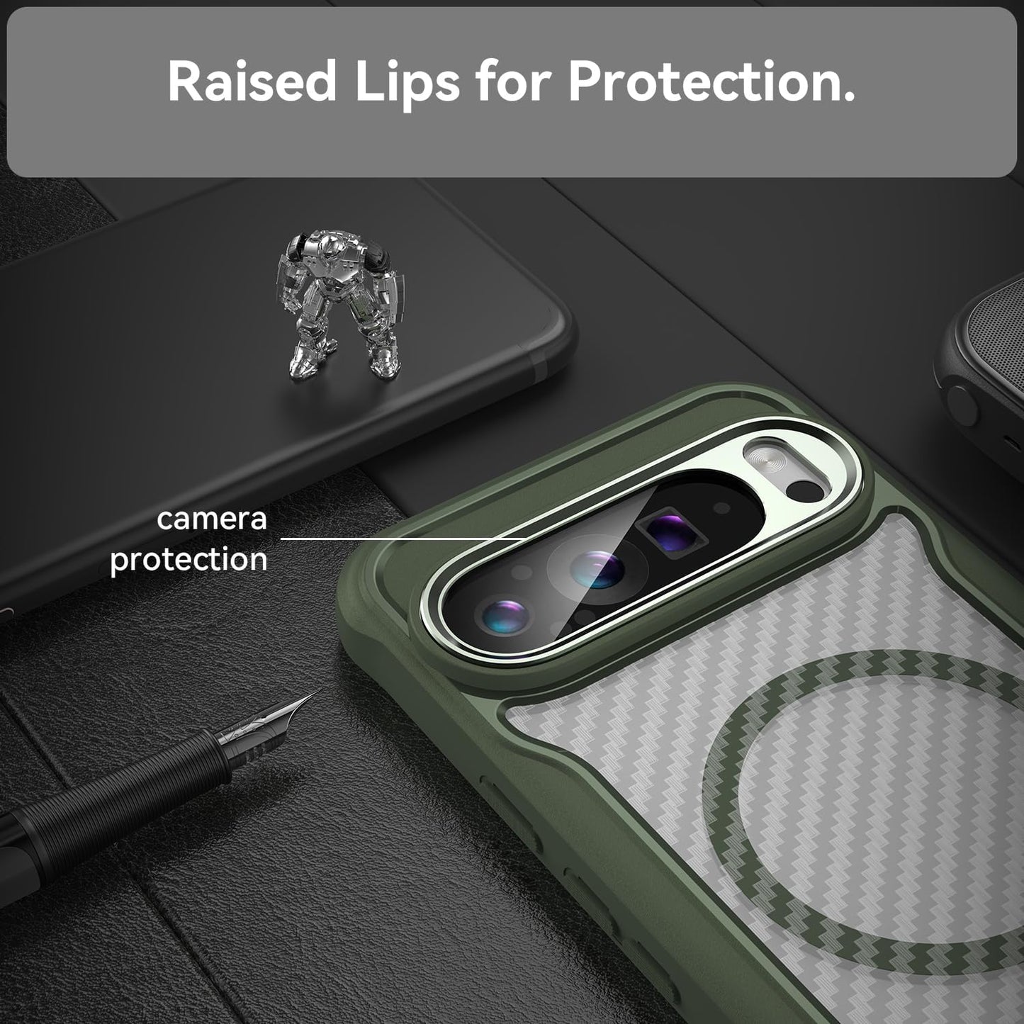 iTape Magnetic carbon fibre case for Google Pixel 9 Pro XL 5G, support wireless charging, carbon fibre shockproof slim case Green