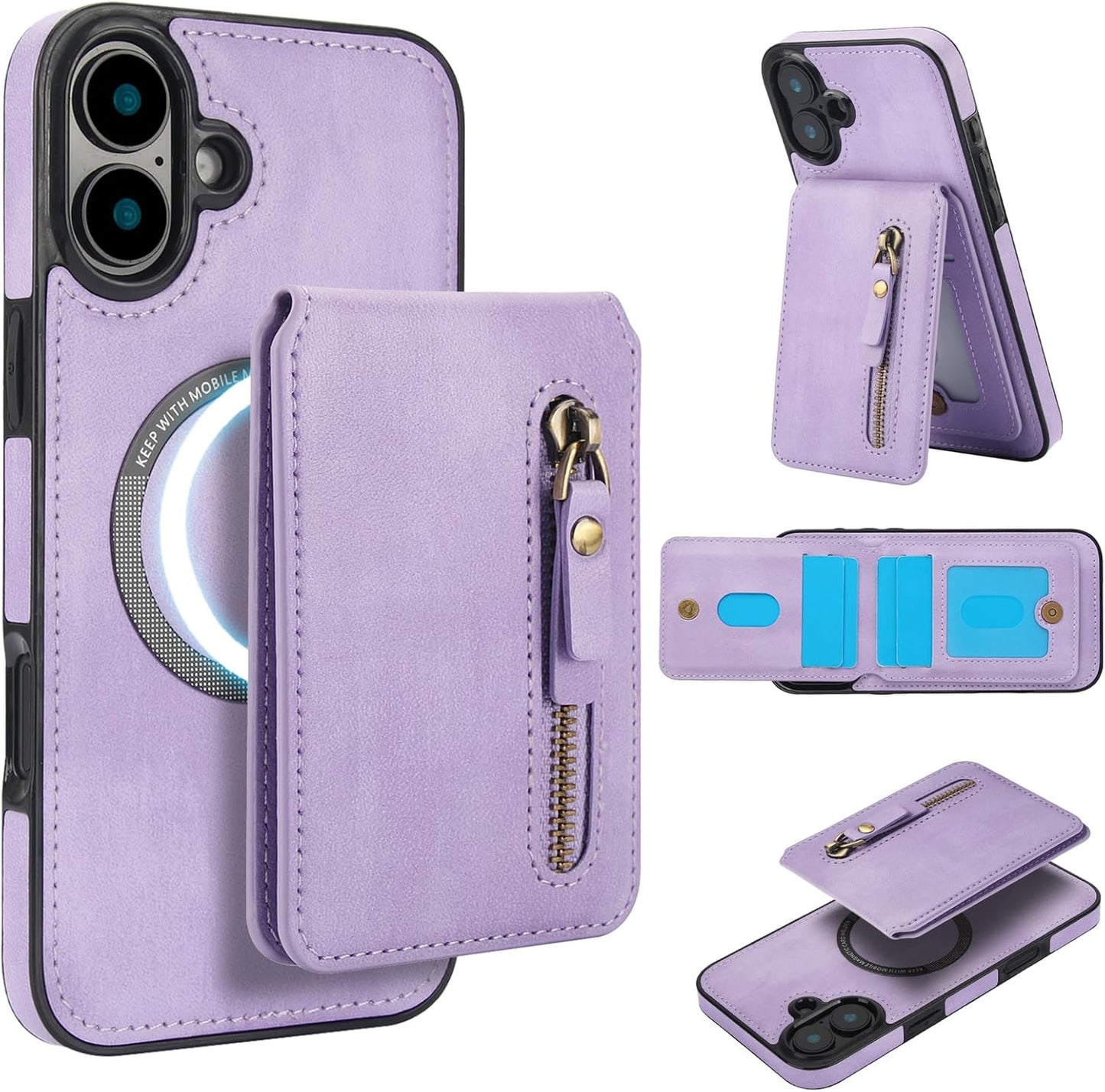 Magnetic card holder phone case suitable for iPhone 16, zipper magnetic split magnetic wallet with adjustable bracket Red