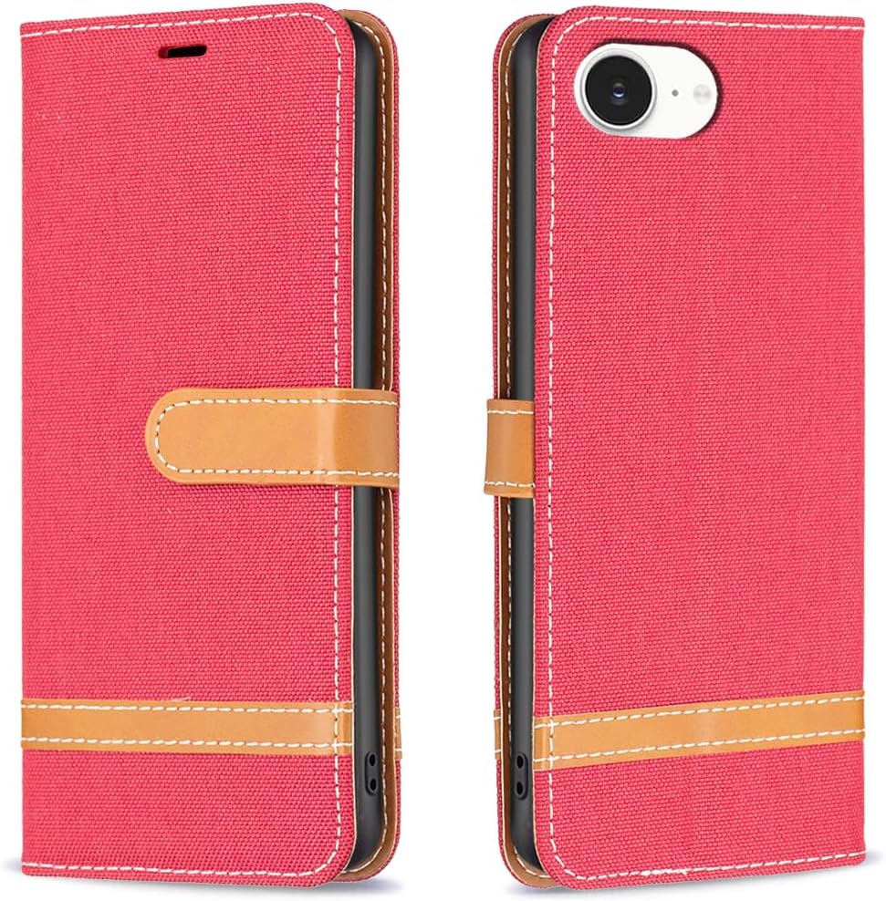 Colorblock Denim Wallet Phone Case for iPhone 16E, Wallet Phone Case Flip Stand, Credit Card Slot Wallet Wrist strap Green