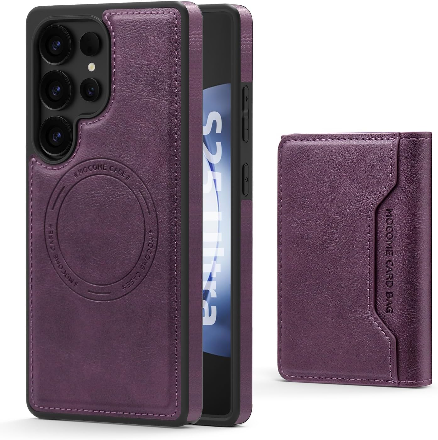 2 in 1 card holder phone case for Samsung Galaxy S25 Ultra, magnetic leather phone case magnetic car mount wireless charging, card holder holder Purple