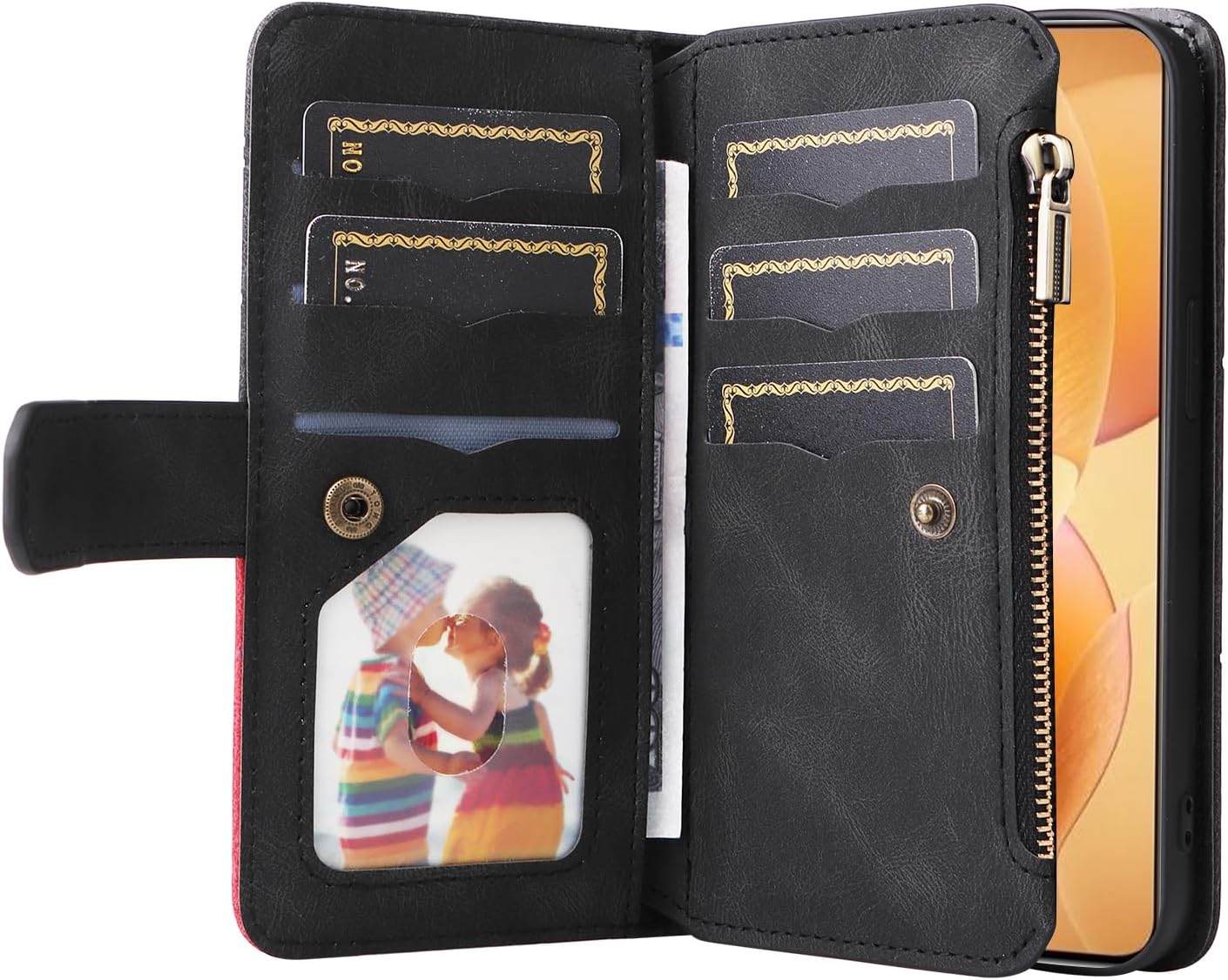 iTape 9 Card Slots Phone Case for Xiaomi POCO X6 PRO 5G, Zipper Wallet, Dual Color Stitching Color Flip Stand Card Slots Cash Clip Shockproof, Wrist Strap Black