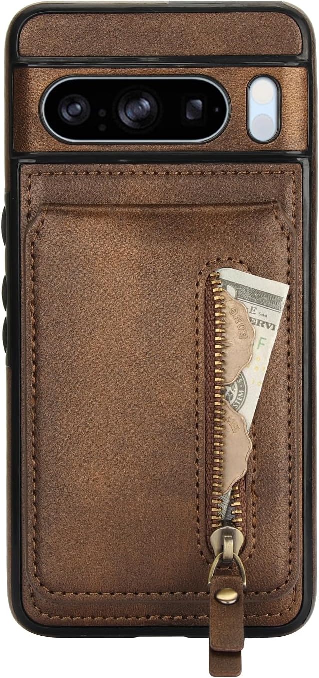 iTape Magnetic card holder phone case suitable for Google Pixel 8 Pro, zipper magnetic split magnetic wallet with adjustable bracket Brown