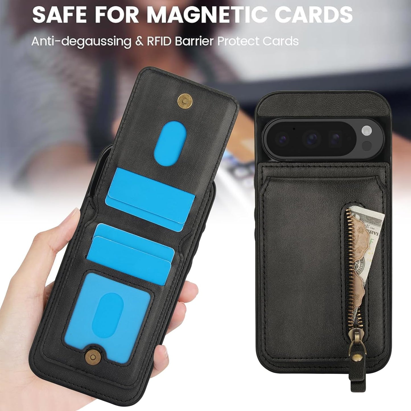 iTape Magnetic card holder phone case suitable for Google Pixel 9, zipper magnetic split magnetic wallet with adjustable bracket Purple