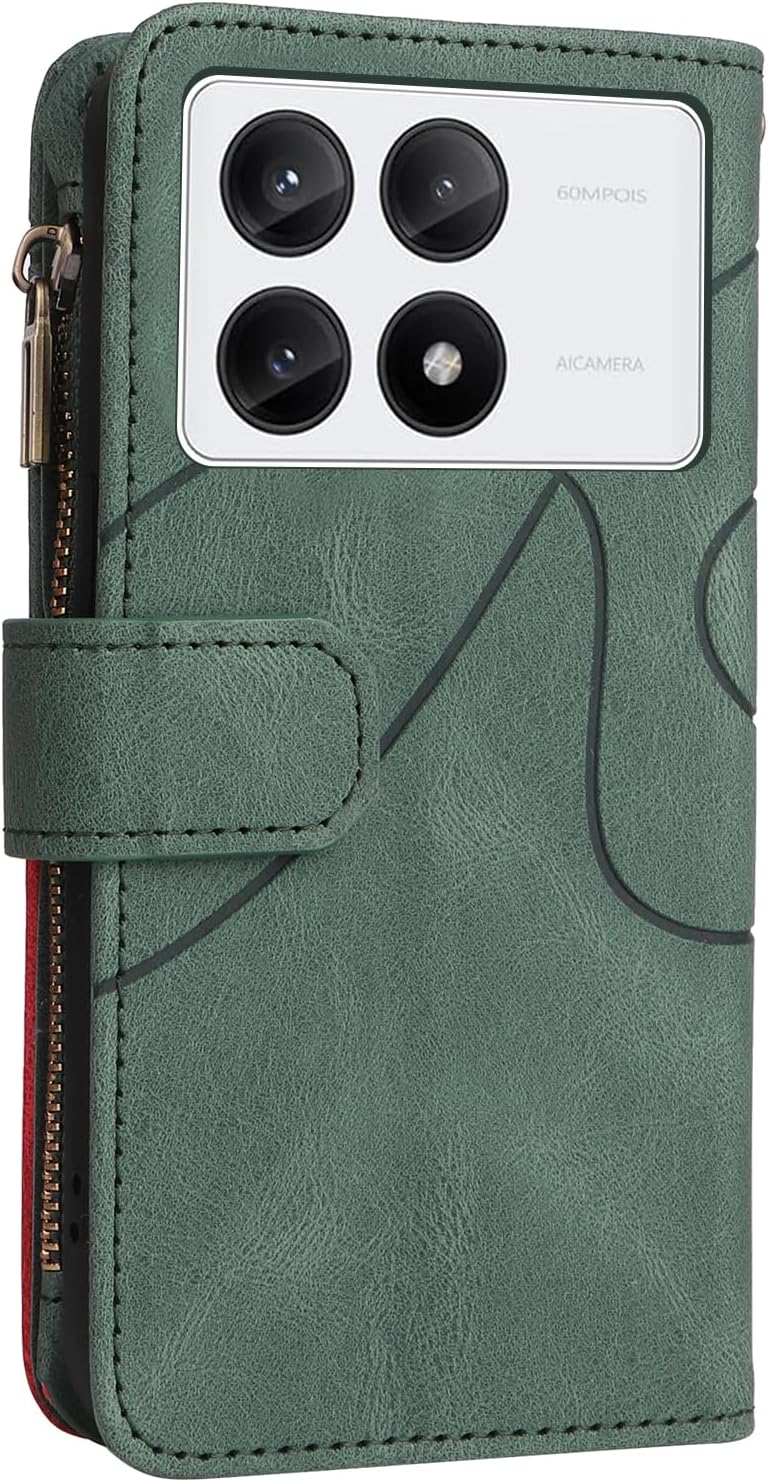iTape 9 Card Slots Phone Case for Xiaomi POCO X6 PRO 5G, Zipper Wallet, Dual Color Stitching Color Flip Stand Card Slots Cash Clip Shockproof, Wrist Strap Black