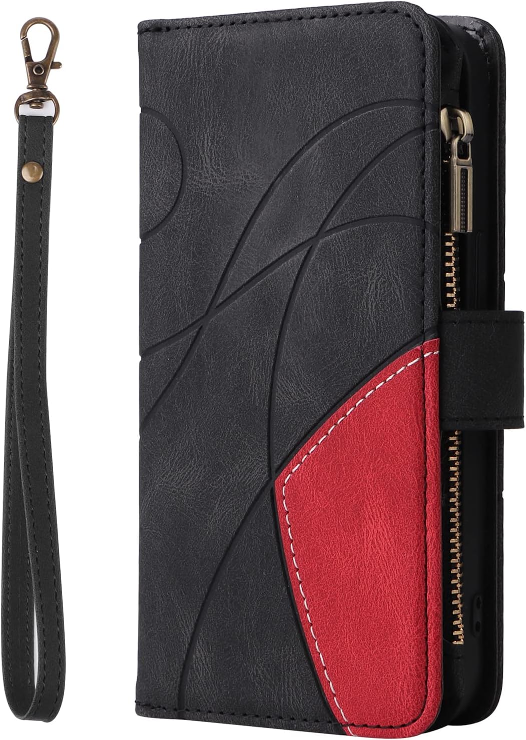 iTape 9 Card Slots Phone Case for Xiaomi POCO X6 PRO 5G, Zipper Wallet, Dual Color Stitching Color Flip Stand Card Slots Cash Clip Shockproof, Wrist Strap Black