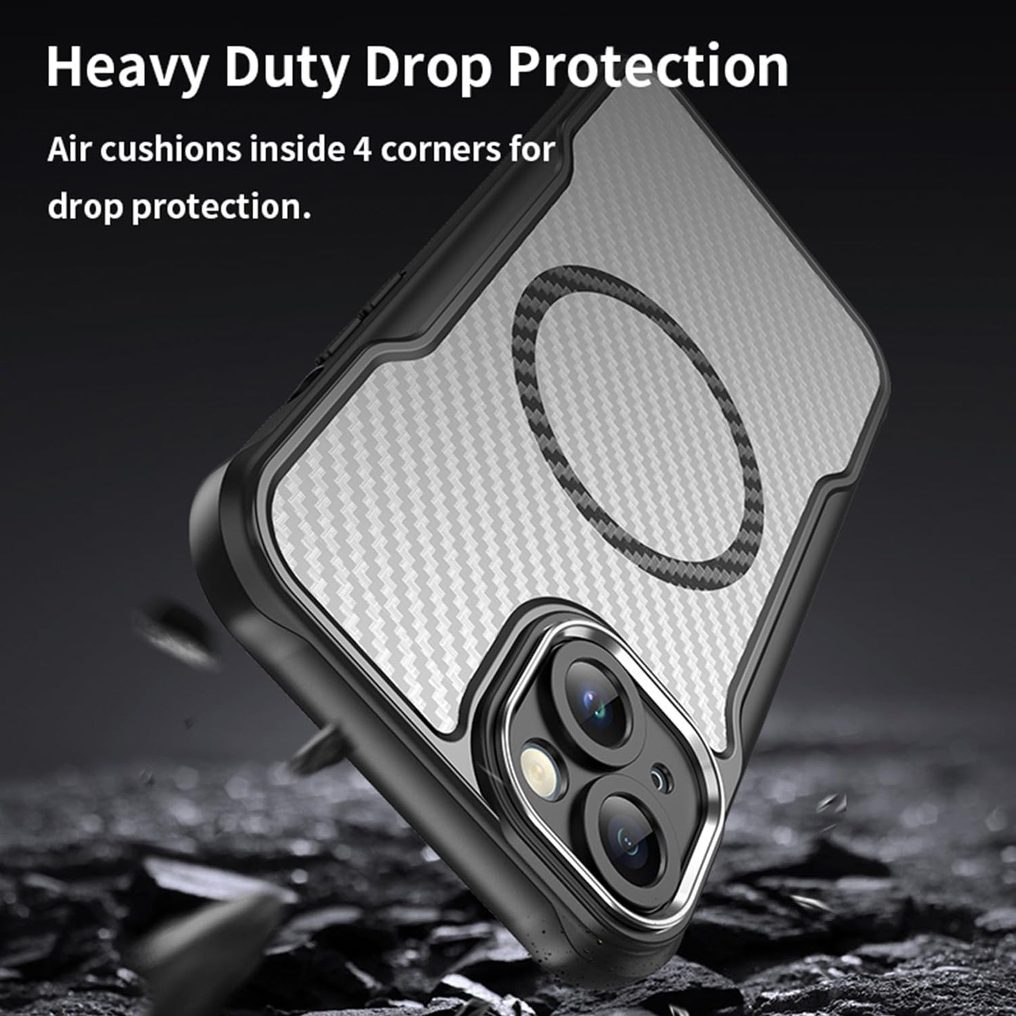 Magnetic carbon fibre case for iPhone 15 Plus, support wireless charging, carbon fibre shockproof slim case Black
