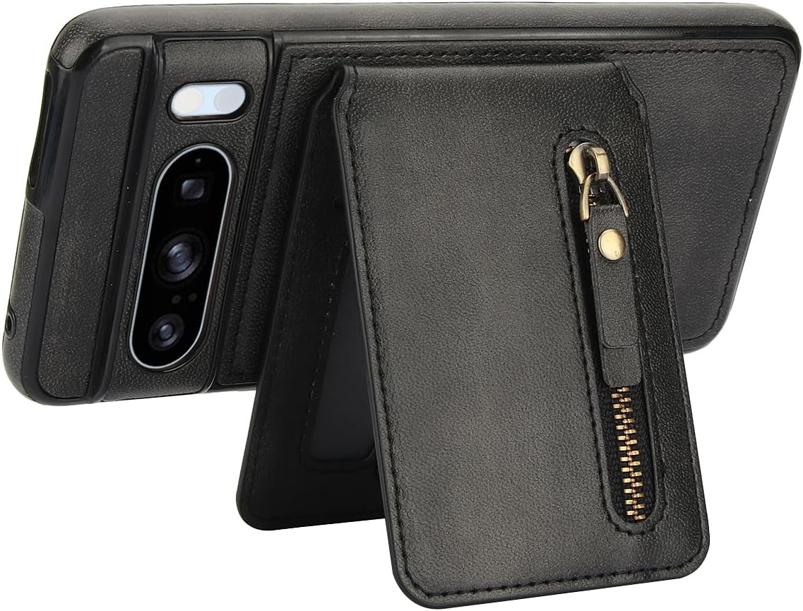 iTape Magnetic card holder phone case suitable for Google Pixel 8 Pro, zipper magnetic split magnetic wallet with adjustable bracket Brown
