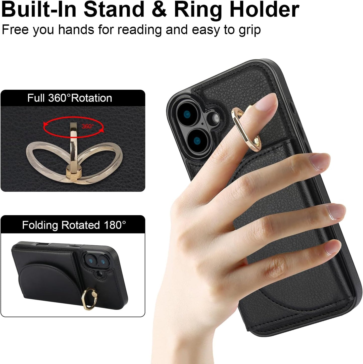Tri-fold wallet case for iPhone 16 Plus, 360° rotating ring buckle stand, shockproof phone case coin purse card holder Black