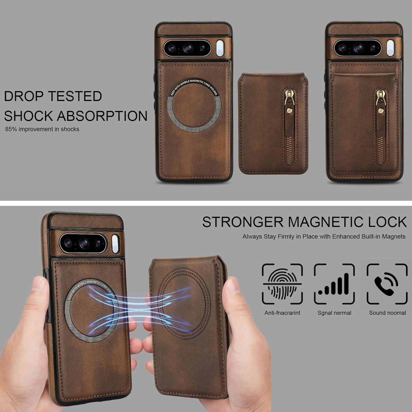iTape Magnetic card holder phone case suitable for Google Pixel 8 Pro, zipper magnetic split magnetic wallet with adjustable bracket Brown