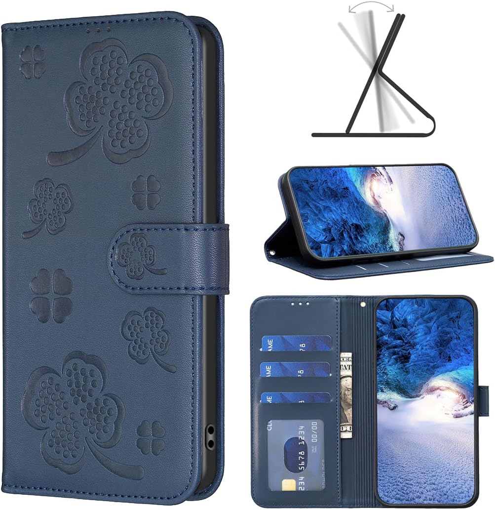 Wallet Leather Case for iPhone 16E, Embossed Four Leaf Clover Design, Magnetic Snap Wallet Case, Flip Shockproof Case Pink