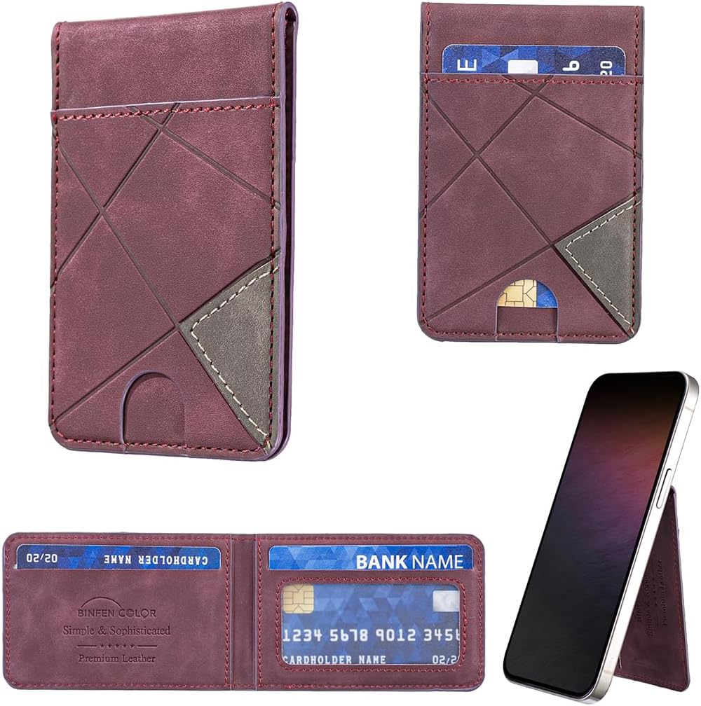 iTape Leather Magnetic Phone Wallet Compatible with Various Phone Models Android and iOS, Magnetic card holder with vertical prism Ultra-thin Trifold Wallet Card Holder Flip Stand Red