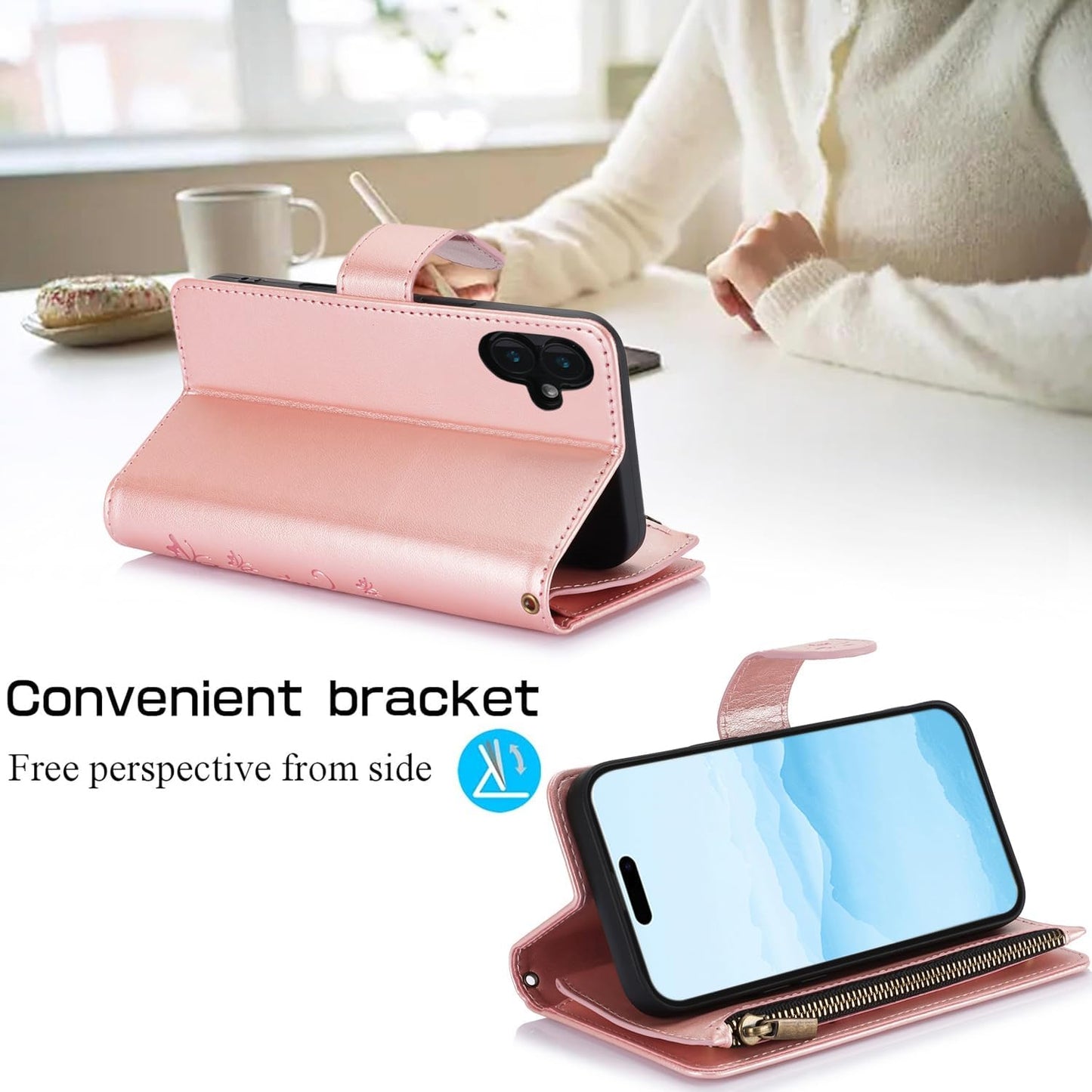Orchid Butterfly Phone Case for iPhone 16 with Multiple Card Slots Wallet, Magnetic Closure Bracket, Shockproof Protective Phone Case Wristband