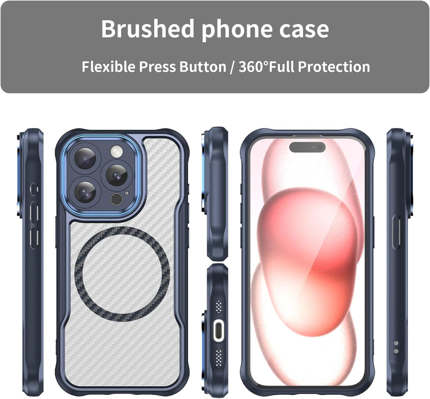 Magnetic carbon fibre case for iPhone 15 Pro, support wireless charging, carbon fibre shockproof slim case Blue