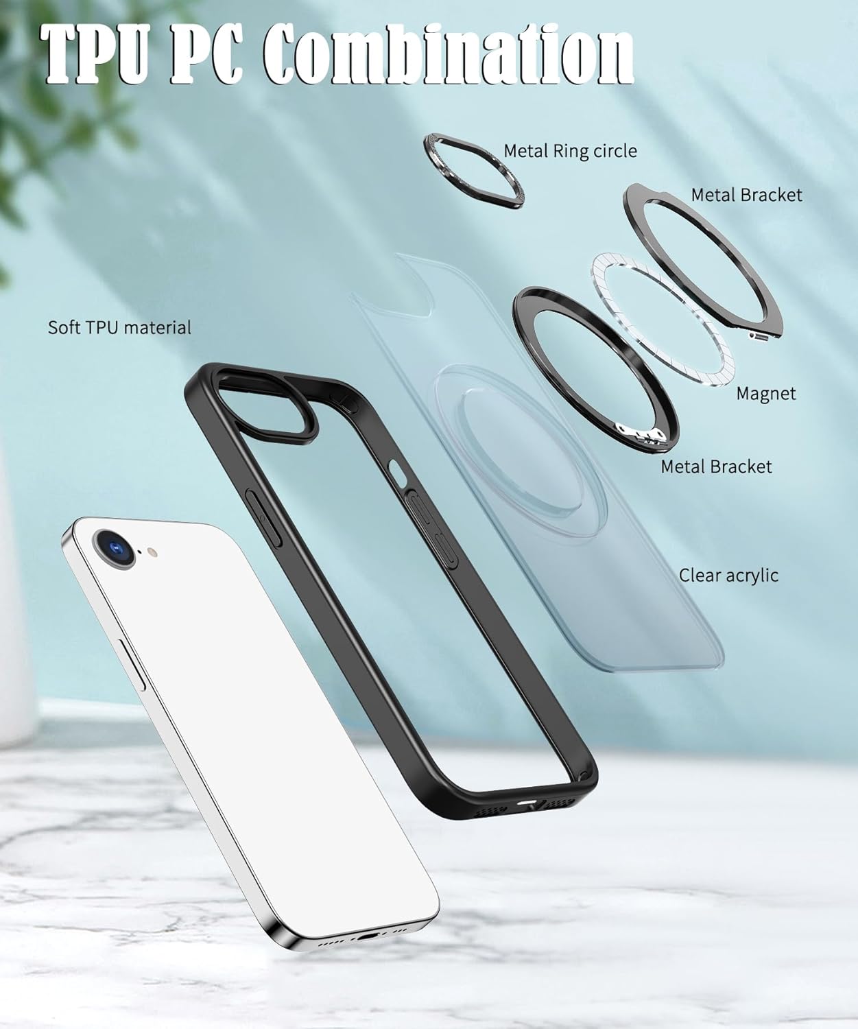 Magnetic phone case for iPhone 16E, 360° rotating bracket supports wireless charging, shockproof ultra-thin shell Gray