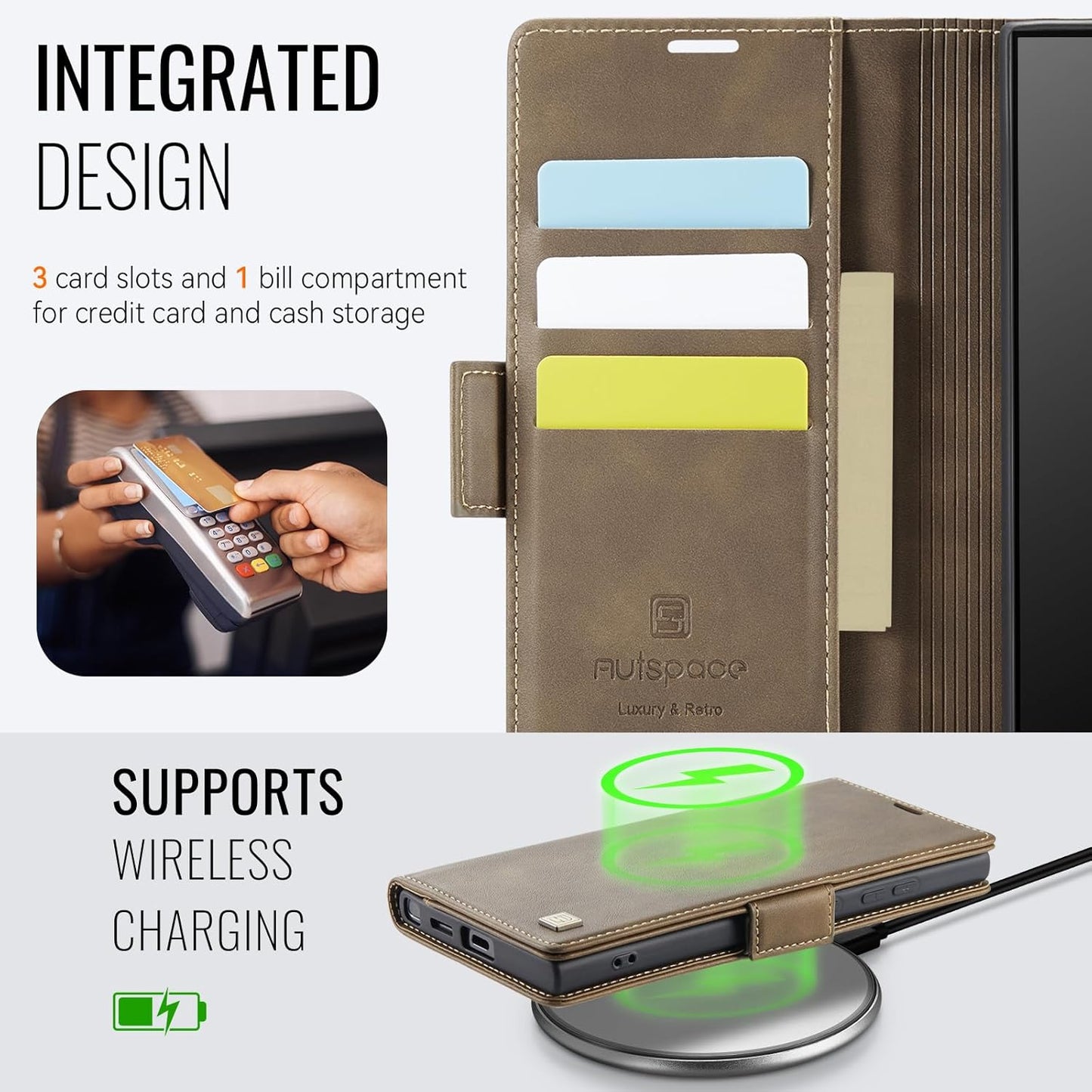 iTape Soft leather wallet case for Samsung Galaxy S24 Ultra, RFID (anti-theft), wallet card slot flip cover stand for Samsung Galaxy S24 Ultra Support wireless charging Brown