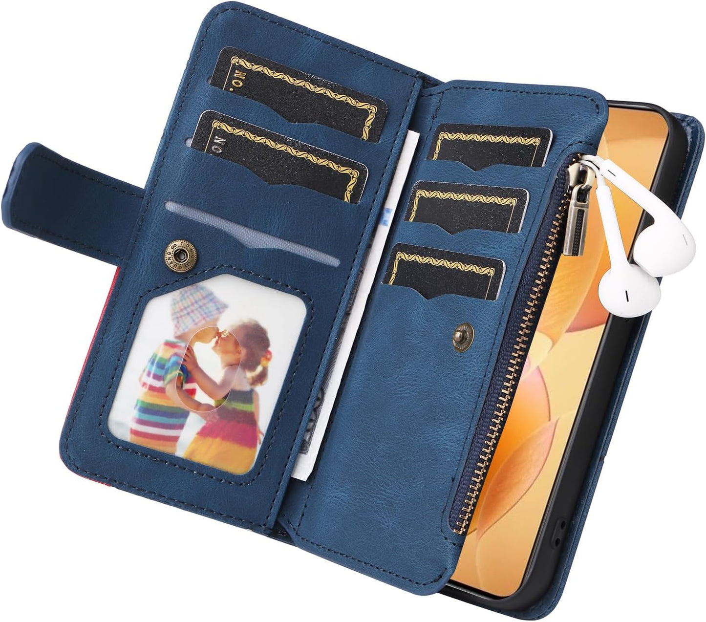 iTape 9 Card Slots Phone Case for Xiaomi POCO X6 PRO 5G, Zipper Wallet, Dual Color Stitching Color Flip Stand Card Slots Cash Clip Shockproof, Wrist Strap Black