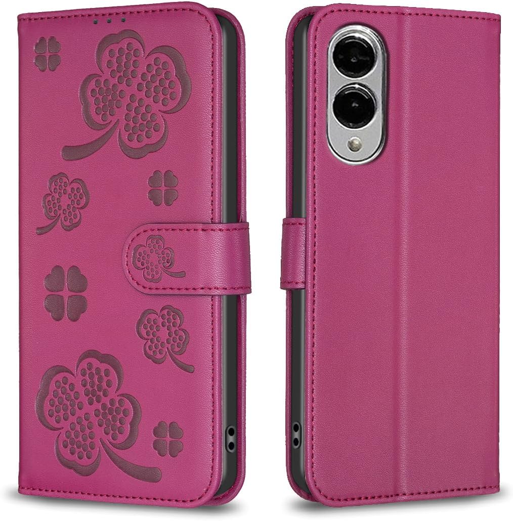 iTape Wallet Leather Case for Samsung Galaxy S25 Edge, Embossed Four Leaf Clover Design, Magnetic Snap Wallet Case, Flip Shockproof Case Red