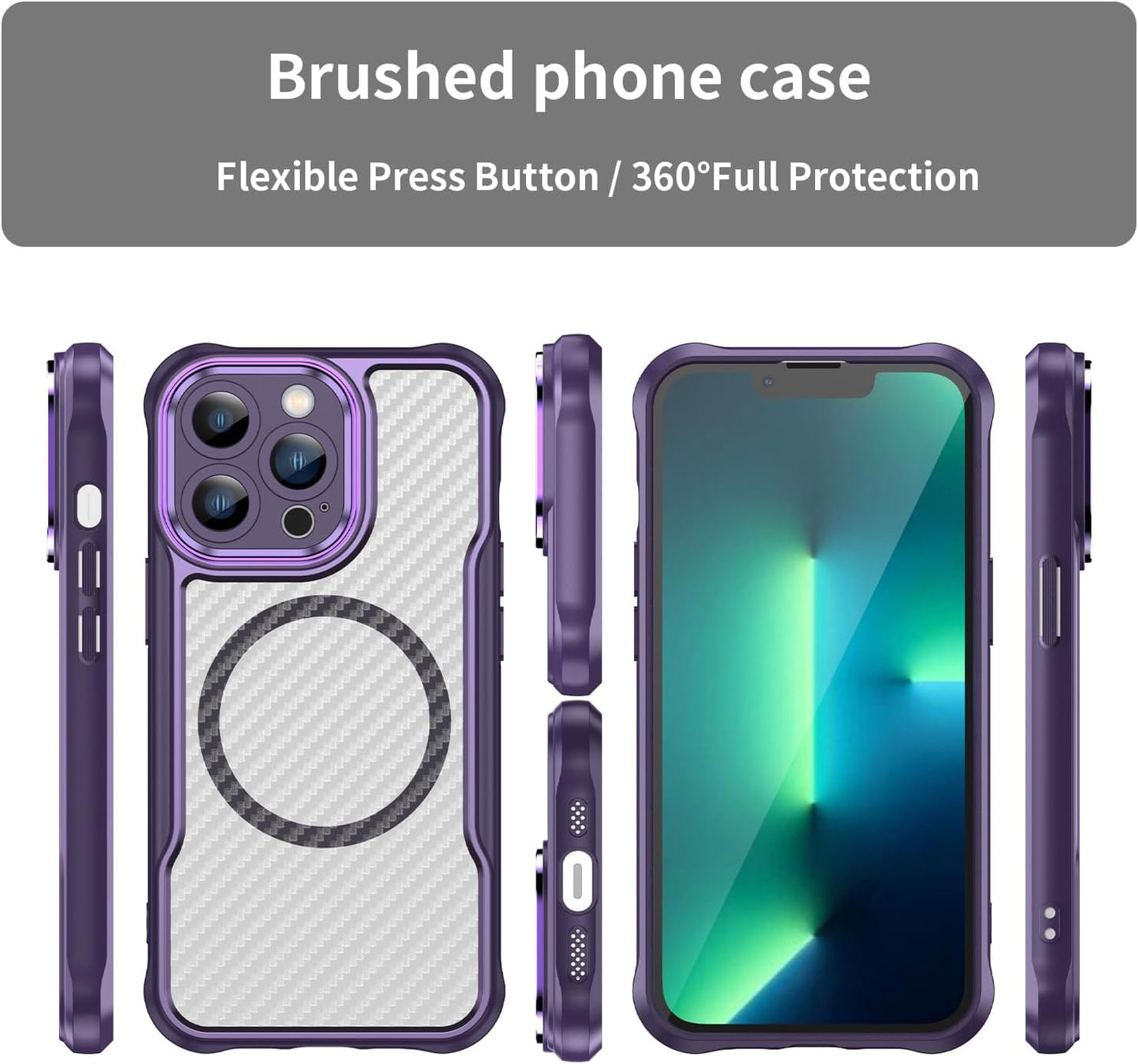 Magnetic carbon fibre case for iPhone 13 Pro, support wireless charging, carbon fibre shockproof slim case Purple