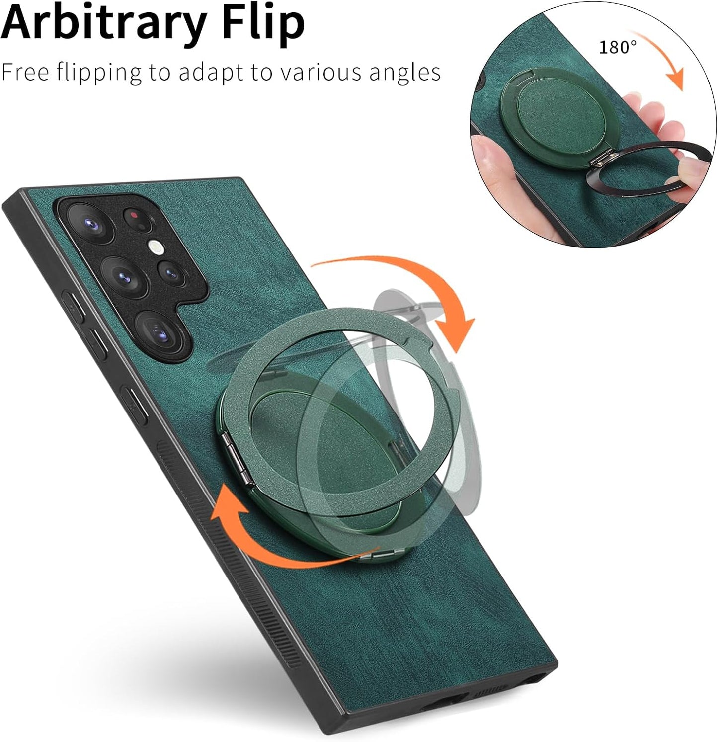 iTape Retro magnetic mobile phone case for Samsung Galaxy S25 Ultra, wireless charging magnetic car mount, round ring 360% rotating mount Green