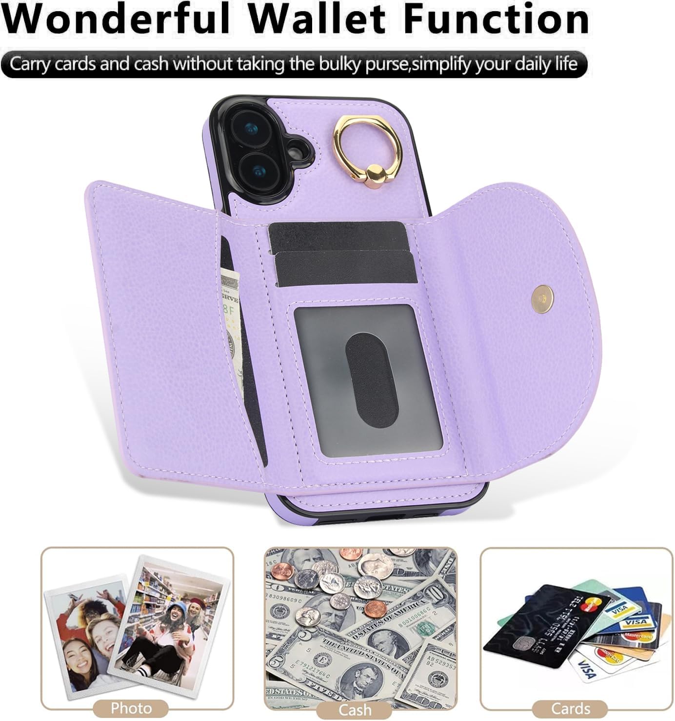 Tri-fold wallet case for iPhone 16 Plus, 360° rotating ring buckle stand, shockproof phone case coin purse card holder Black