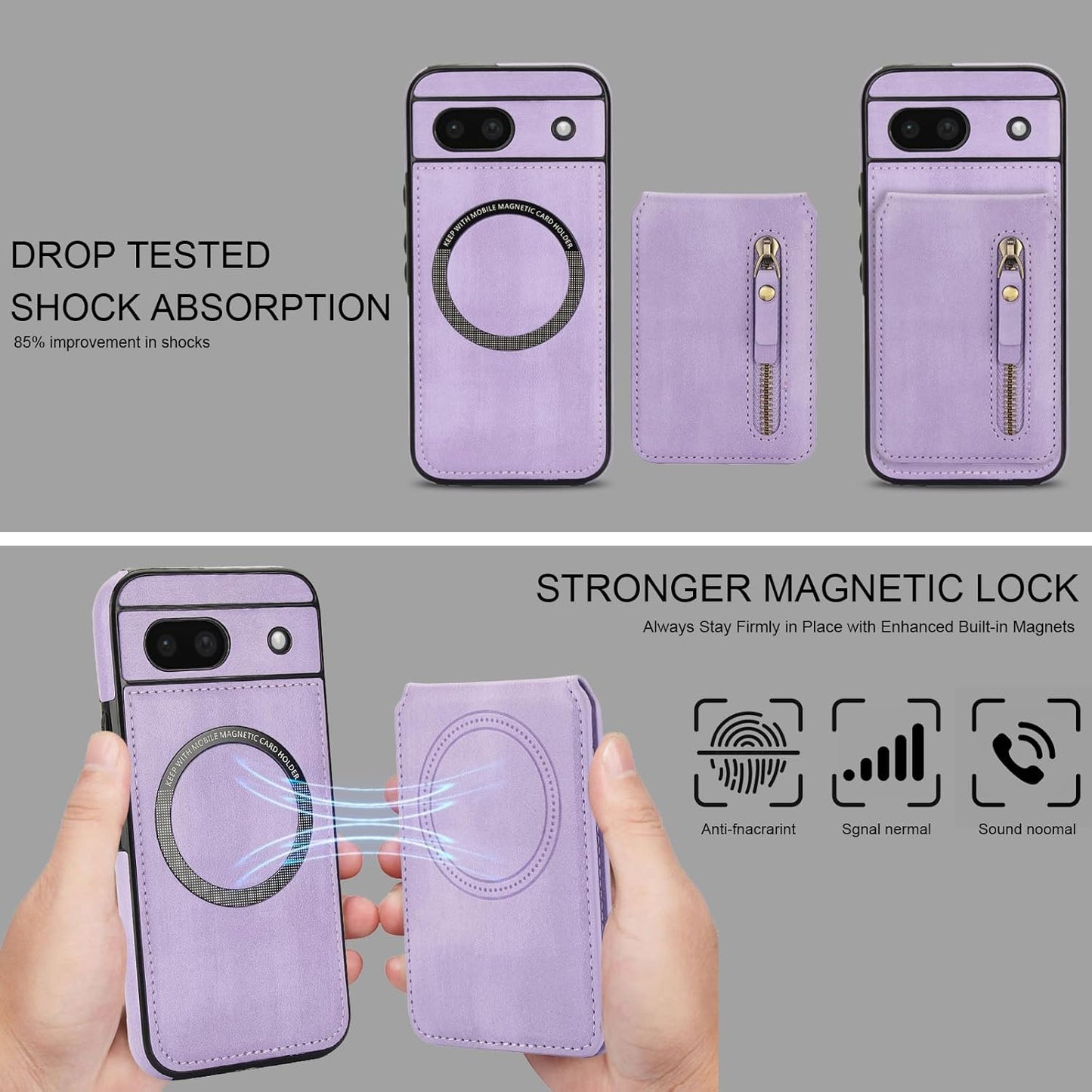 iTape Magnetic card holder phone case suitable for Google Pixel 8A, zipper magnetic split magnetic wallet with adjustable bracket Black