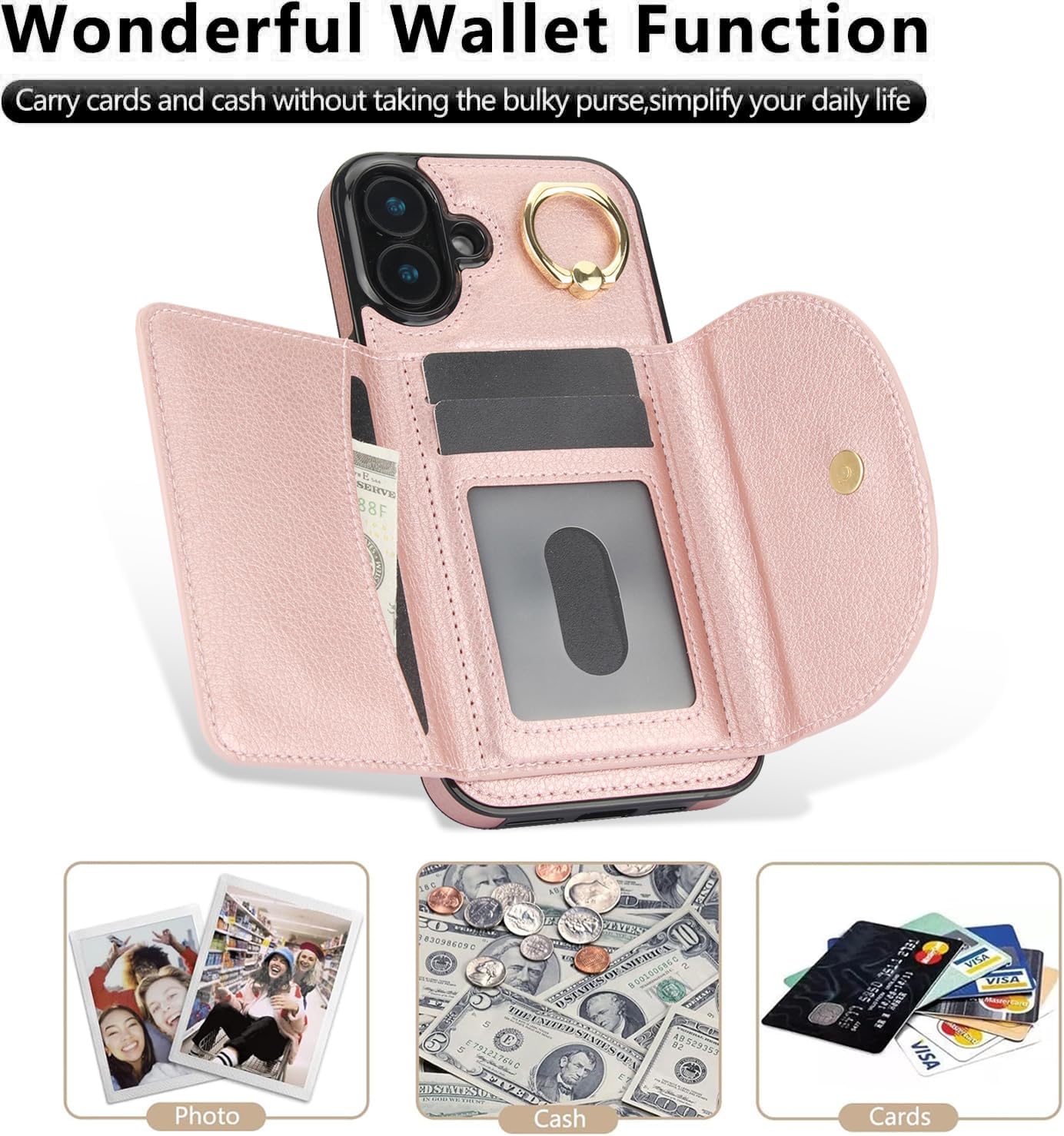 Tri-fold wallet case for iPhone 16 Plus, 360° rotating ring buckle stand, shockproof phone case coin purse card holder Black
