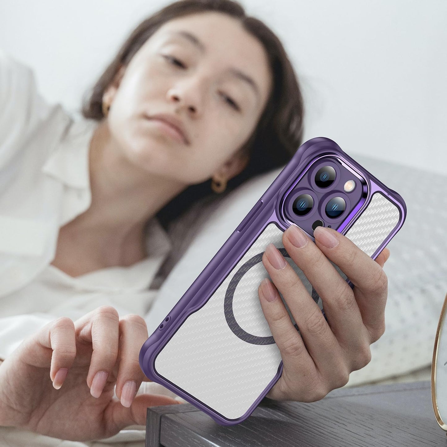 Magnetic carbon fibre case for iPhone 13 Pro, support wireless charging, carbon fibre shockproof slim case Purple