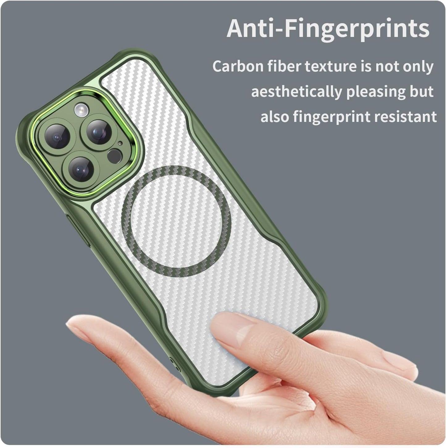 Magnetic carbon fibre case for iPhone 15 Pro max, support wireless charging, carbon fibre shockproof slim case Green