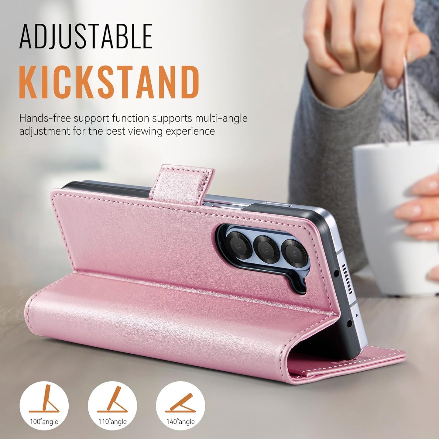 iTape Soft leather wallet case for Samsung Z Fold6, RFID (anti-theft), wallet card slot flip cover stand for Samsung Z Fold6 Support wireless charging Rose Gold