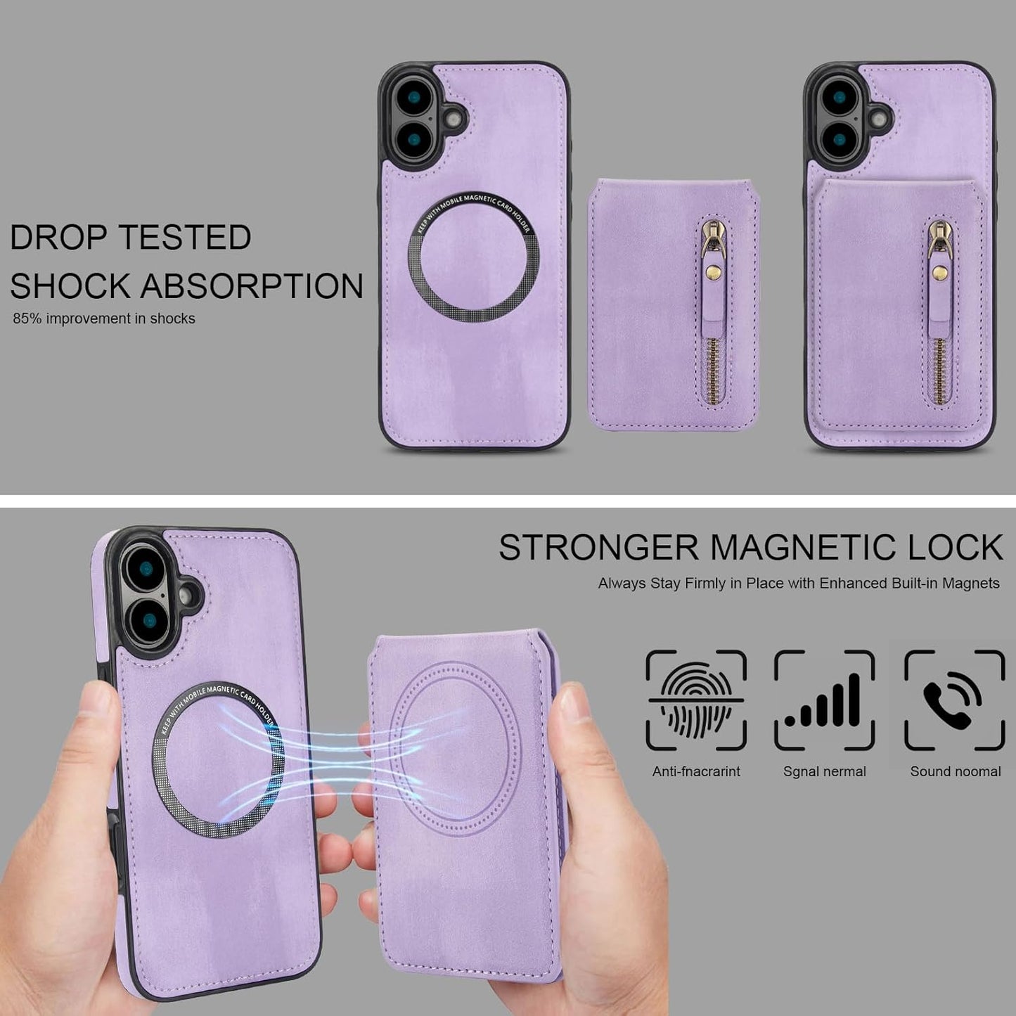 Magnetic card holder phone case suitable for iPhone 16, zipper magnetic split magnetic wallet with adjustable bracket Red