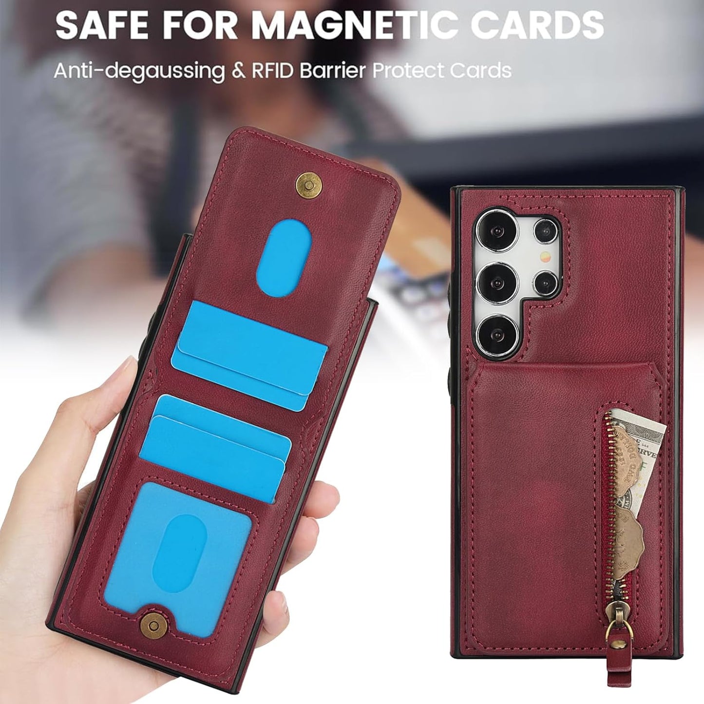 iTape Magnetic Card Holder Phone case Suitable for Samsung Galaxy S24 Ultra, Zipper Magnetic Split Magnetic Wallet with Adjustable Bracket