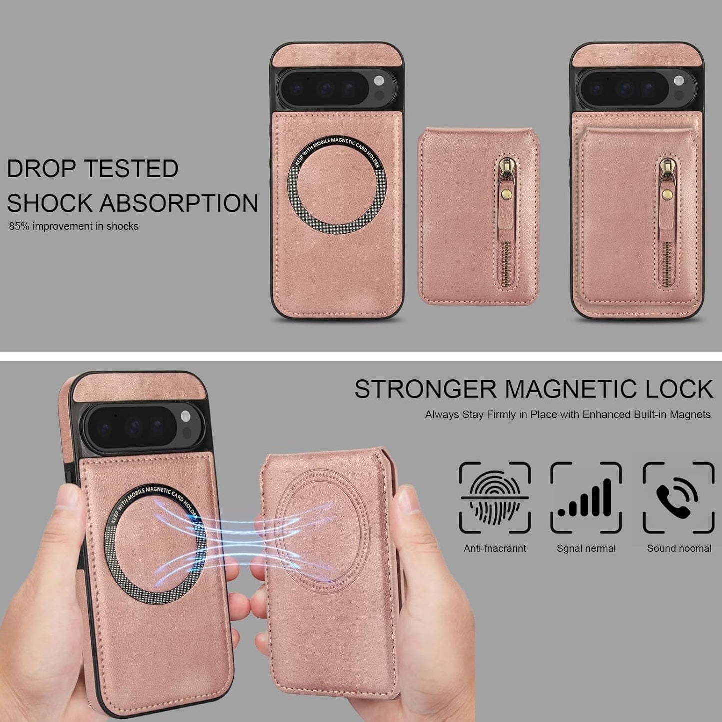 iTape Magnetic card holder phone case suitable for Google Pixel 9, zipper magnetic split magnetic wallet with adjustable bracket Purple