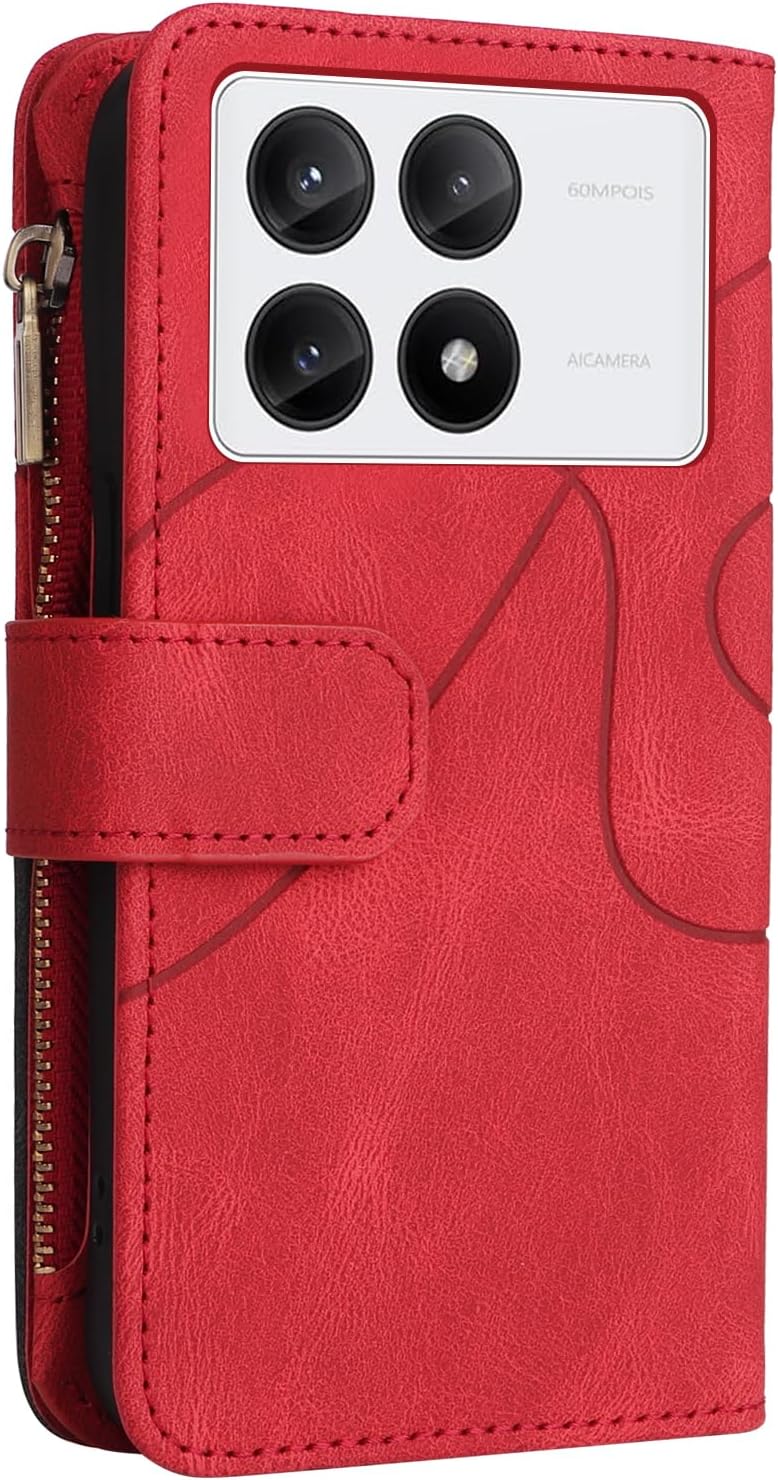 iTape 9 Card Slots Phone Case for Xiaomi POCO X6 PRO 5G, Zipper Wallet, Dual Color Stitching Color Flip Stand Card Slots Cash Clip Shockproof, Wrist Strap Black
