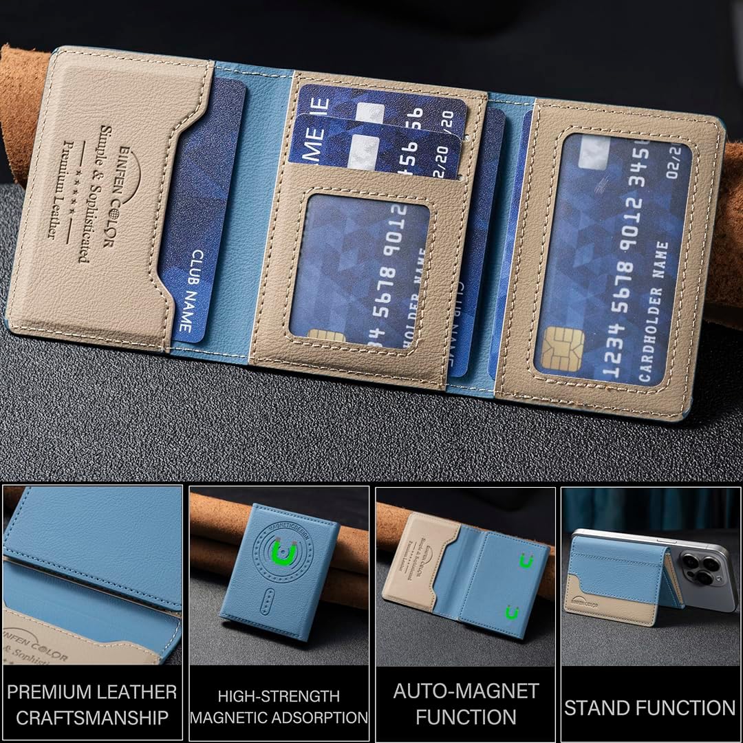 iTape Leather Magnetic Phone Wallet Compatible with Various Phone Models Android and iOS, Colorblock Horizontal Magnetic Card Holder Ultra-thin Wallet Card Holder Flip Stand Green