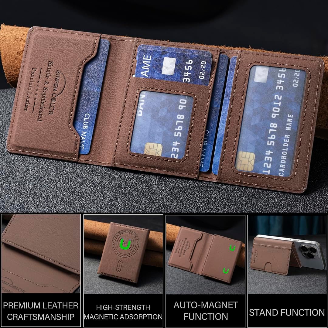 iTape Leather Magnetic Phone Wallet Compatible with Various Phone Models Android and iOS, Solid Color Magnetic Card Holder Ultra-thin Trifold Wallet Card Holder Flip Stand Red