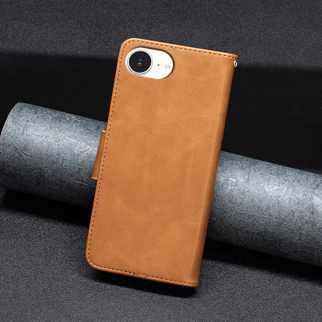 Solid lambskin leather phone case for iPhone 16E, snap wallet style case, flip stand shock protection Yellow
