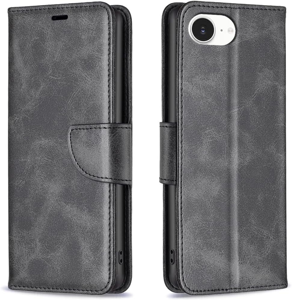 Solid lambskin leather phone case for iPhone 16E, snap wallet style case, flip stand shock protection Yellow