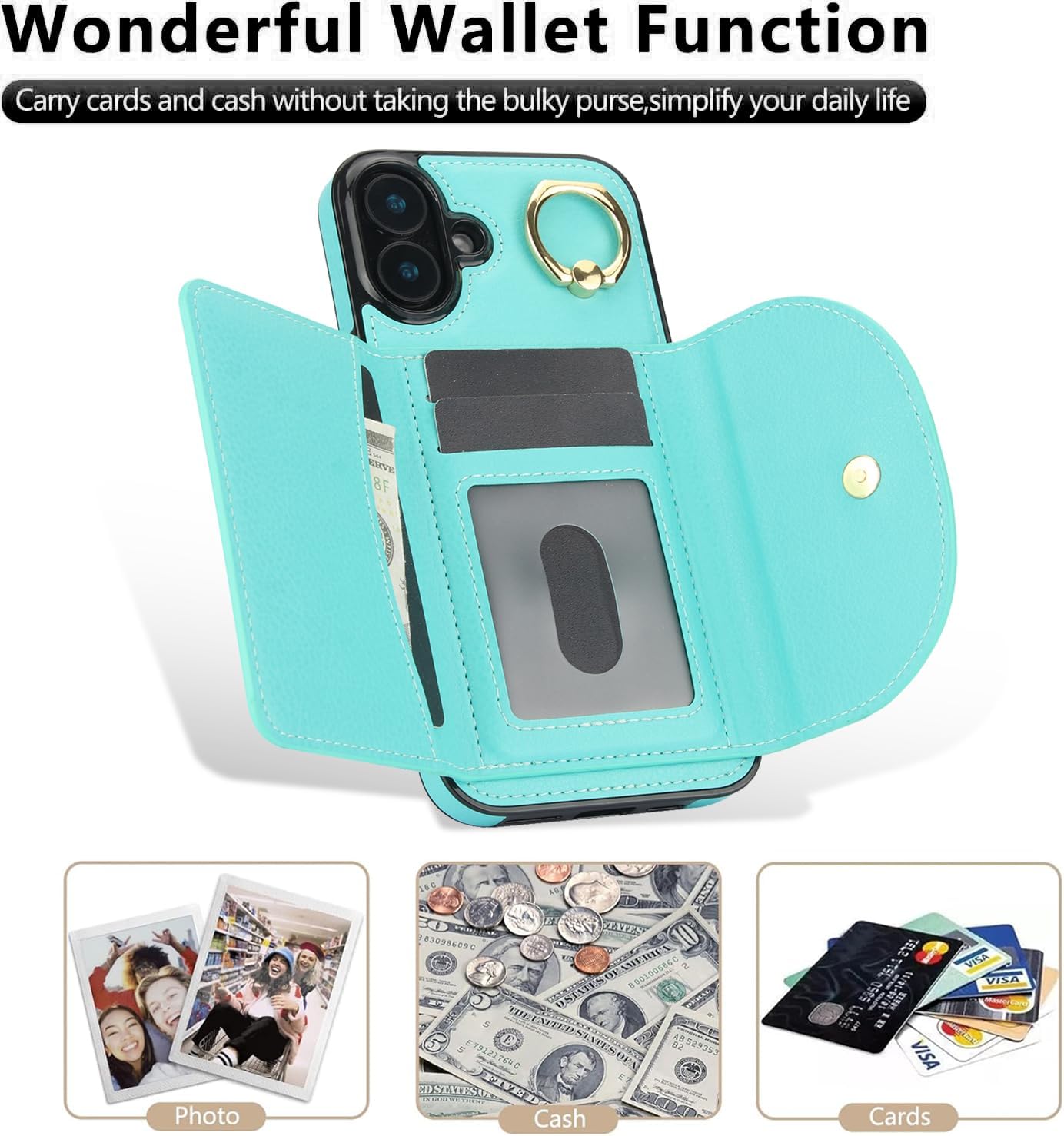 Tri-fold wallet case for iPhone 16 Plus, 360° rotating ring buckle stand, shockproof phone case coin purse card holder Black